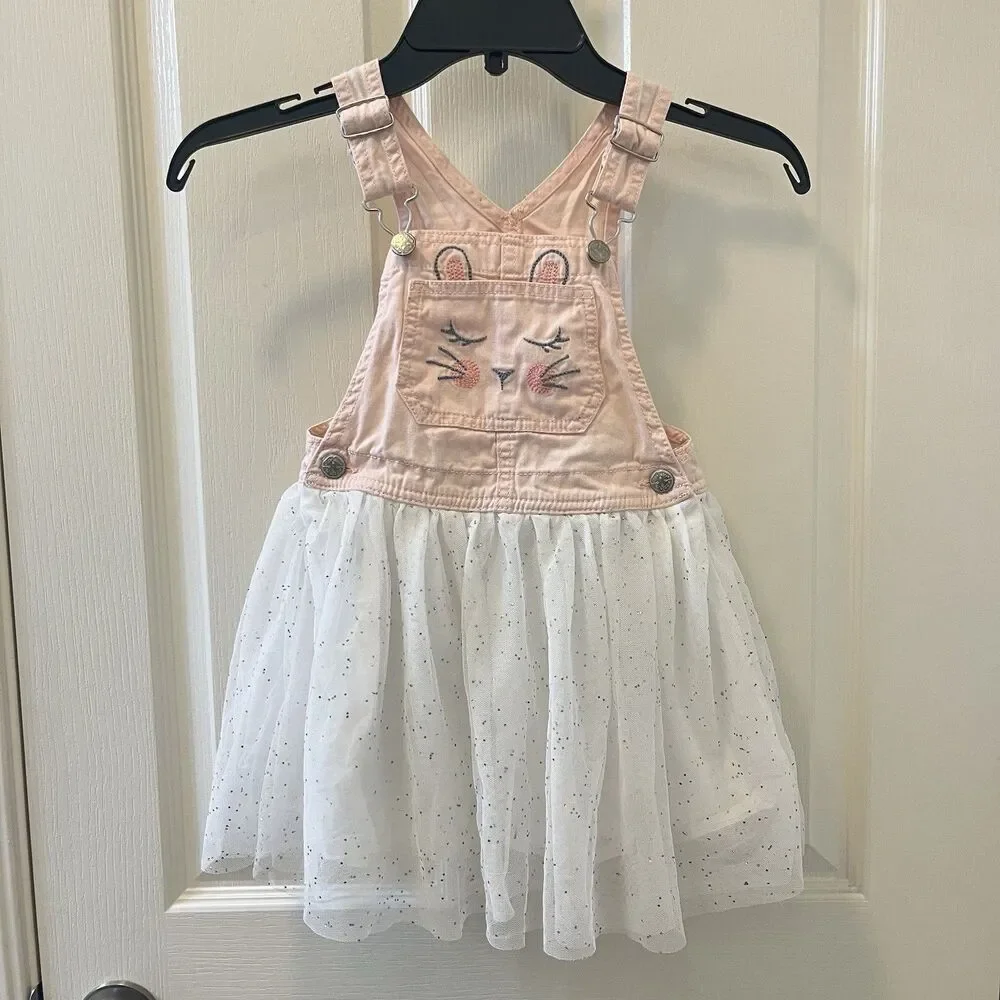 Oshkosh B'gosh Pink Overall Dress Bunny Rabbit White Tulle Girls Size 5T